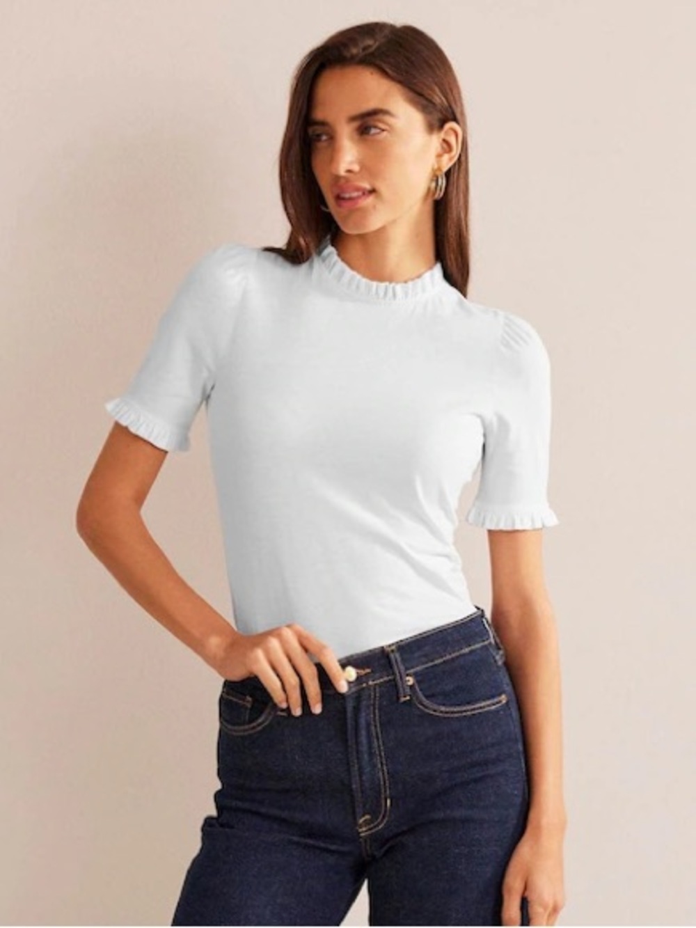 Boden Supersoft top tee Frill Detail T-Shirt ruffle mock high neck